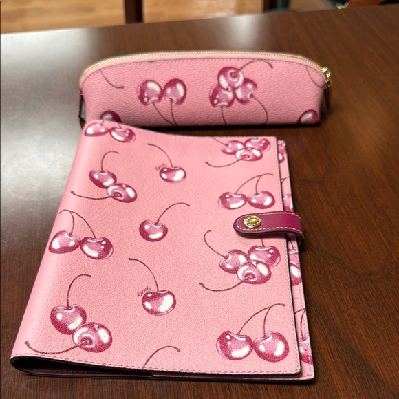 Pink Cherry Print Coach Notebook and Pencil Case Set - Picture 1 of 7